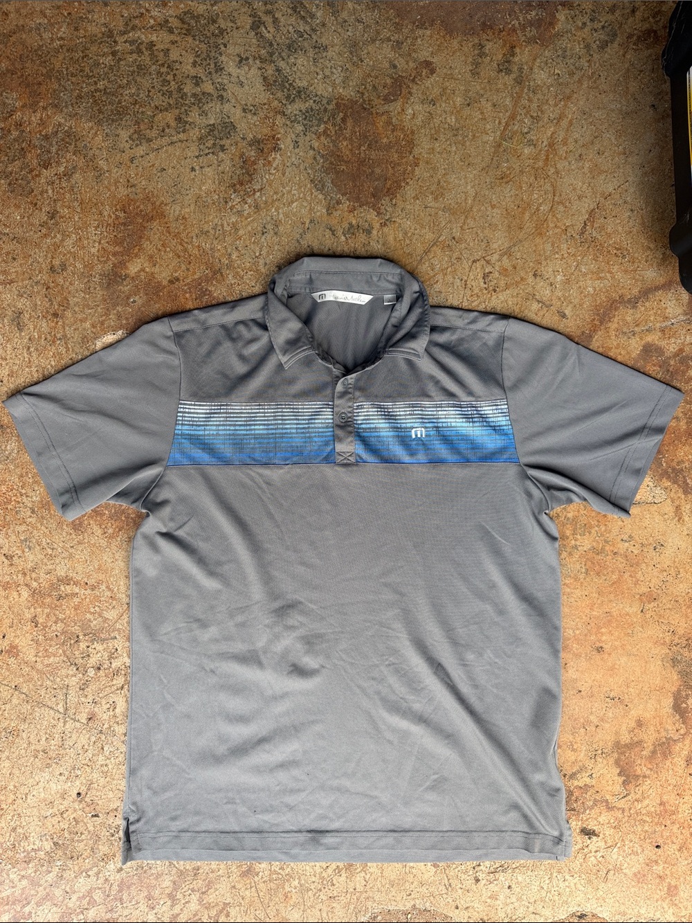 Travis Mathew Gray Polo with Blue Stripe Chest Panel